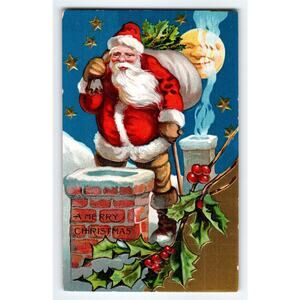 Vintage Embossed Santa Claus Moon Man Christmas Postcard Holly & Chimney